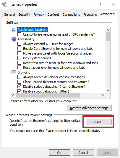 reset interent explorer setting