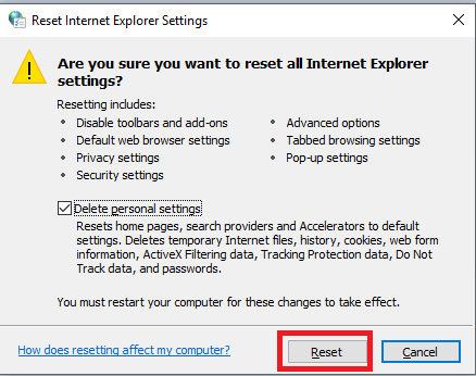 reset intenret explorer setting